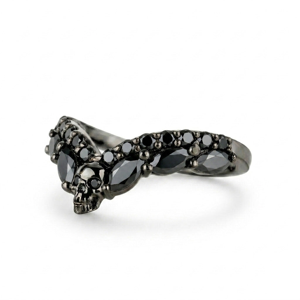 Black diamond skull ring with a V-shaped chevron design for perfect stack