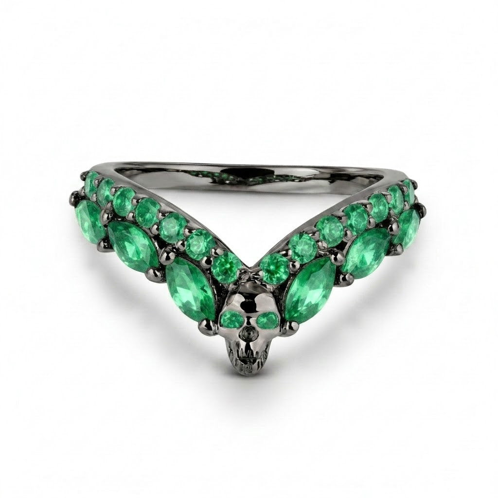 Curved skull wedding band enhancer in gunmetal 925 sterling silver set with green emerald cubic zirconia