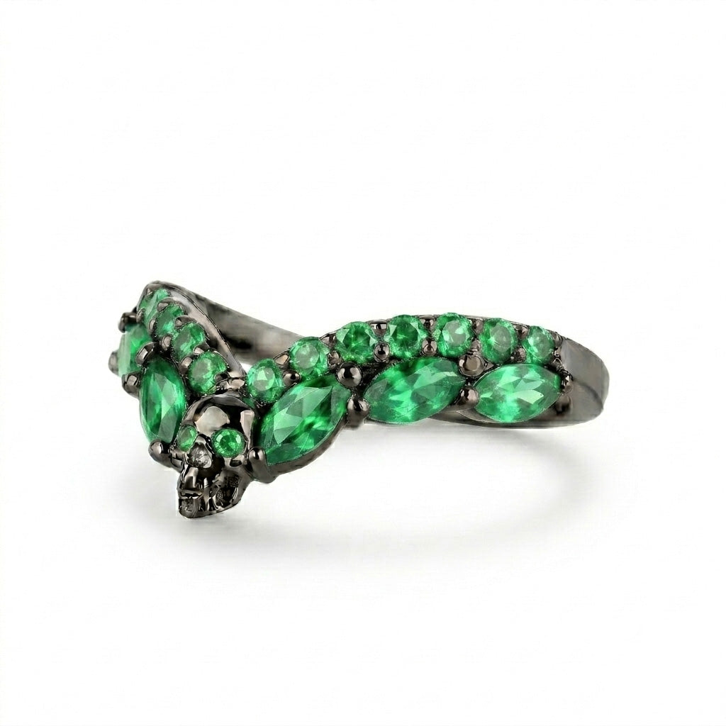 Curved skull wedding band enhancer in gunmetal 925 sterling silver set with green emerald cubic zirconia