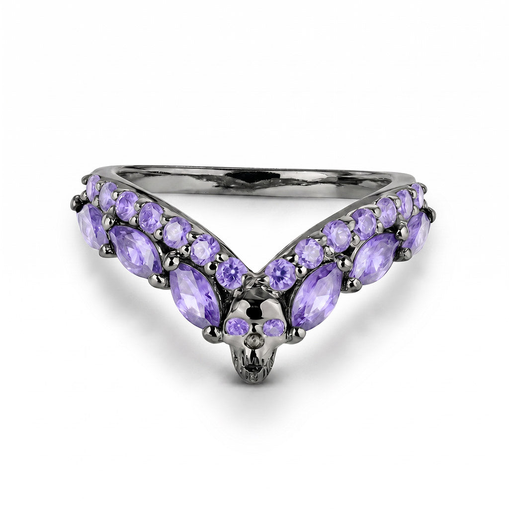 Skull wedding band ring V-shaped chevron curved ring enhancer with purple gemstones in gun metal finished sterling silver