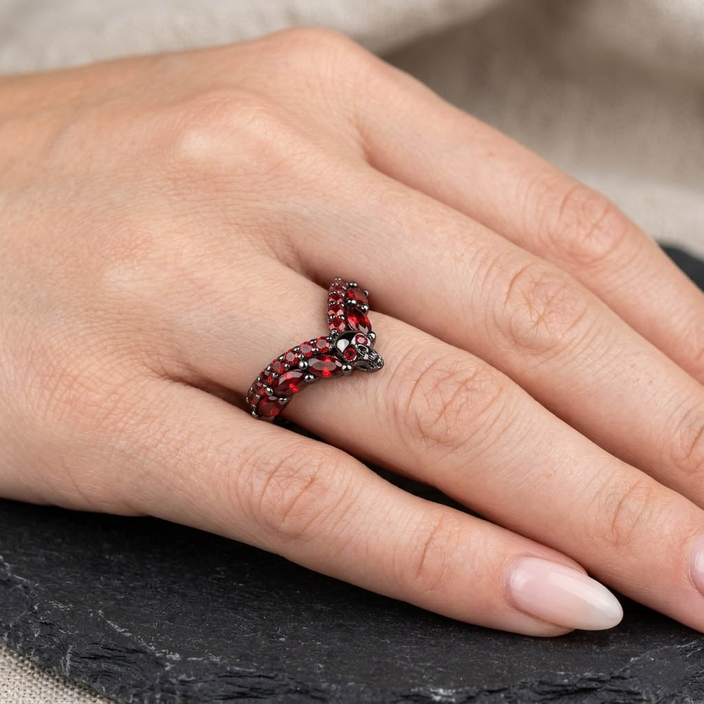 Chevron V-shaped curved gothic skull wedding band enhancer in gunmetal 925 sterling silver with marquise-cut red garnet stones