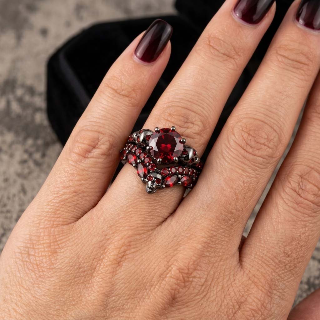 Gothic bridal set featuring a gunmetal skull ring enhancer nested with a red garnet solitaire engagement ring on a hand