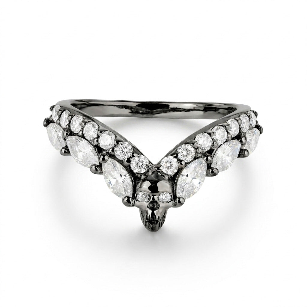 Gothic skull ring enhancer in gunmetal sterling silver with chevron V-shaped white diamond cubic zirconia stones accents
