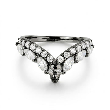 Gothic skull ring enhancer in gunmetal sterling silver with chevron V-shaped white diamond cubic zirconia stones accents
