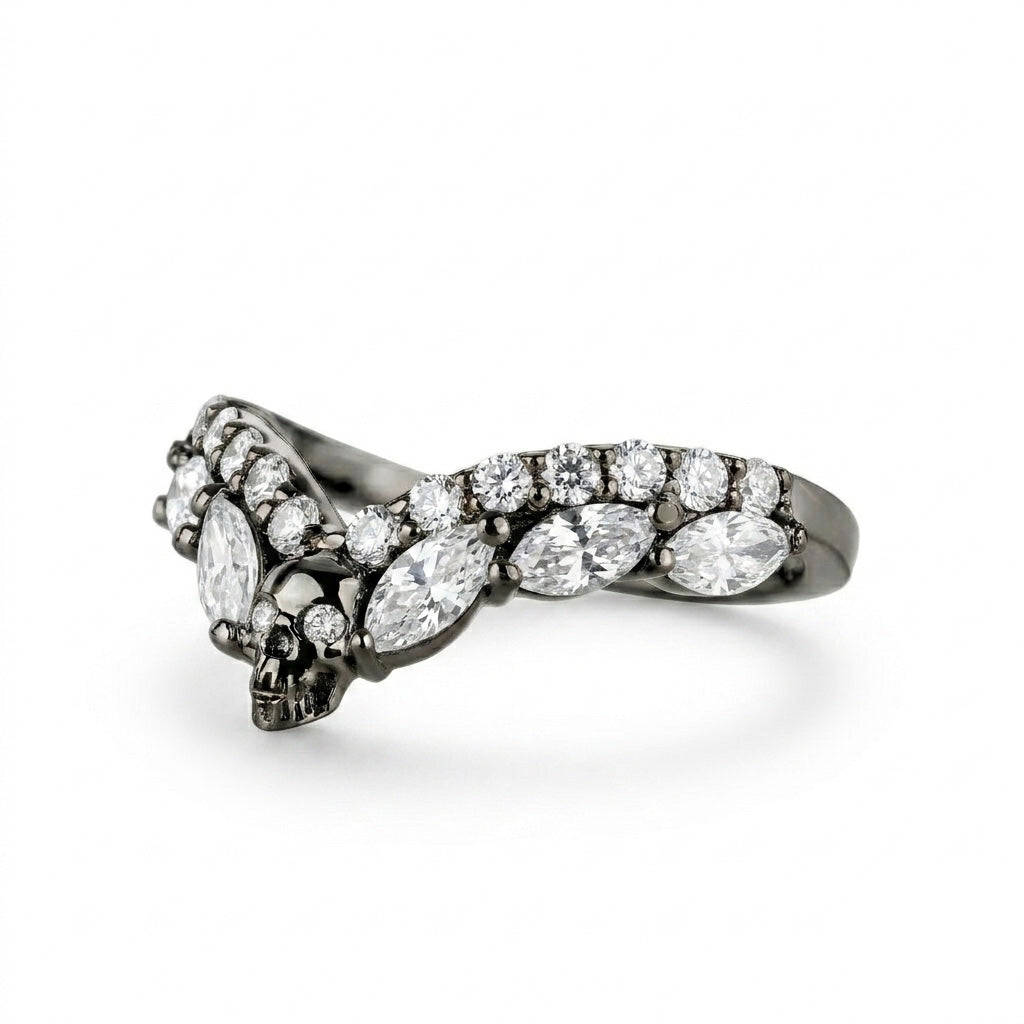 Gothic skull ring enhancer in gunmetal sterling silver with chevron-shaped white diamond cubic zirconia stones