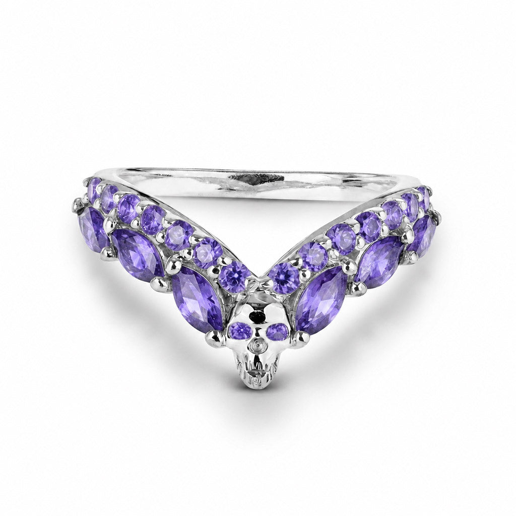 Gothic style V-shaped chevron ring enhancer in sterling silver with purple amethyst gemstones and a skull motif, perfect as a unique wedding band option.