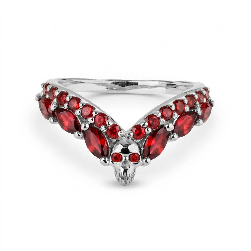 Sterling silver skull ring enhancer, V-shaped chevron design adorned with red garnet gemstones, a perfect choice for gothic wedding jewelry