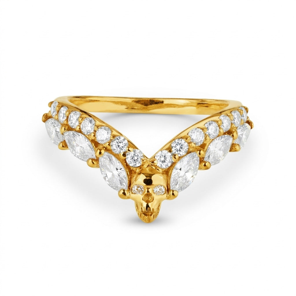 gold skull ring enhancer featuring V-shaped chevron curved design and sparkling diamonds, perfect for gothic style wedding bands.
