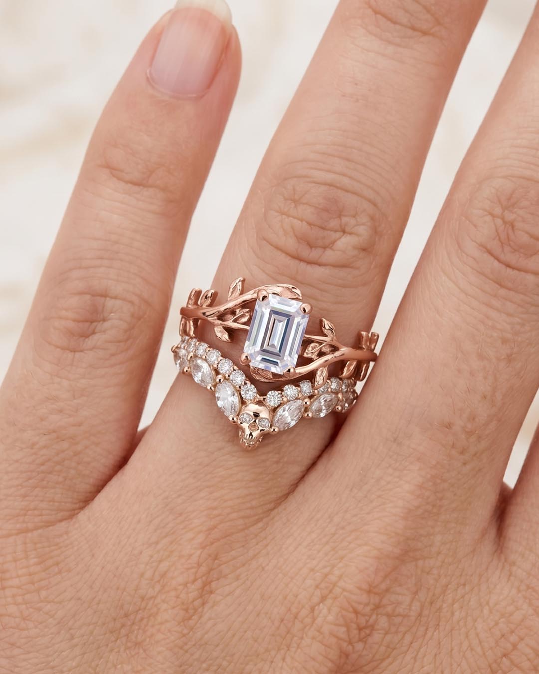 Moissanite Skull Ring Enhancer Curved Engagement Wedding Band Women Rose Gold