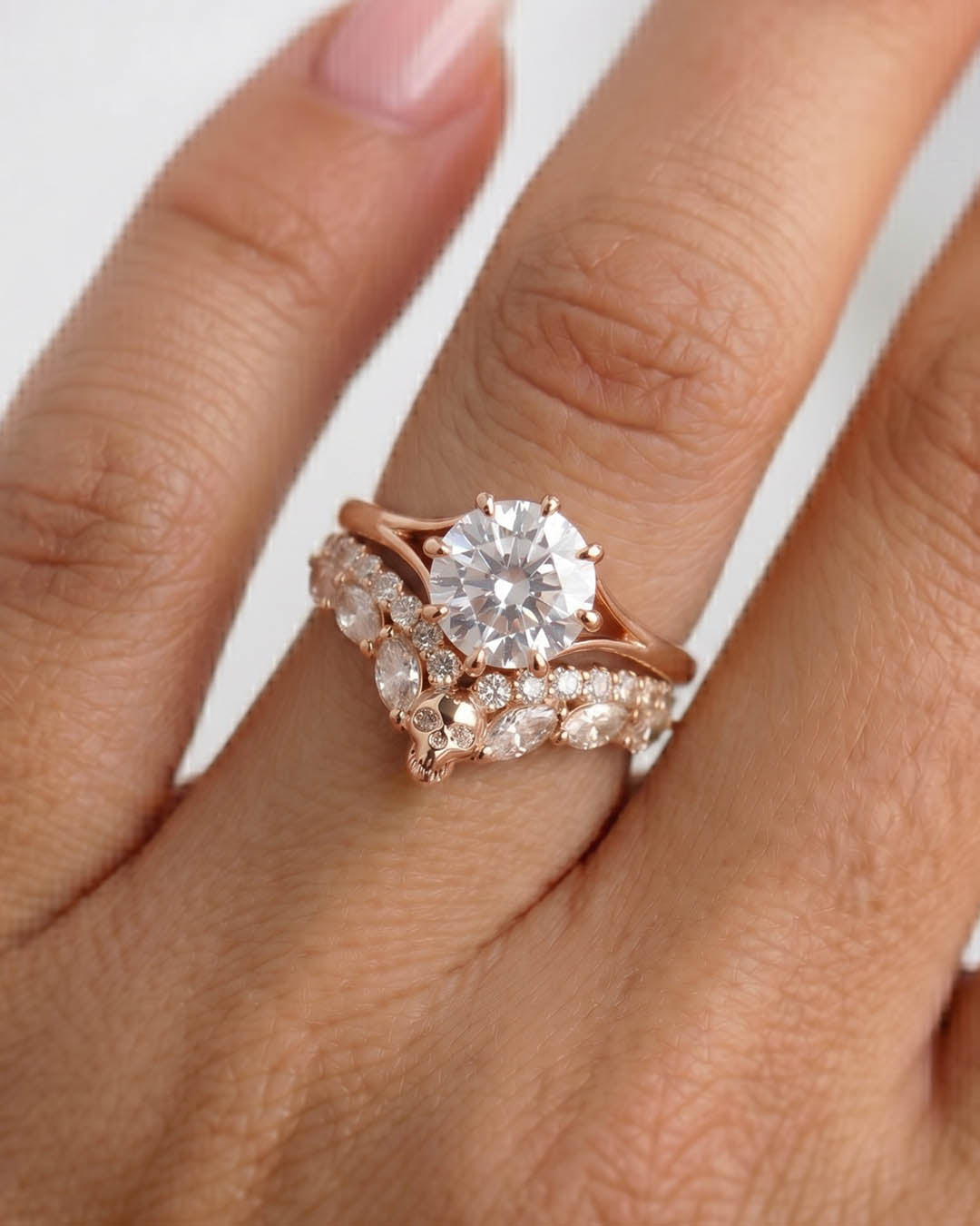 Moissanite Skull Ring Enhancer Curved Engagement Wedding Band Women Rose Gold