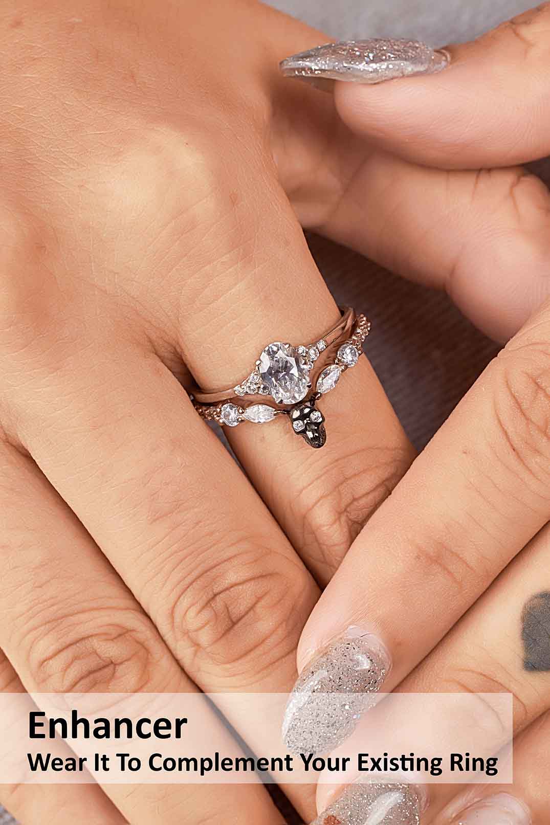 Wedding Engagement Skull Ring Enhancer Gothic Moissanite Sterling Silver Two Tone