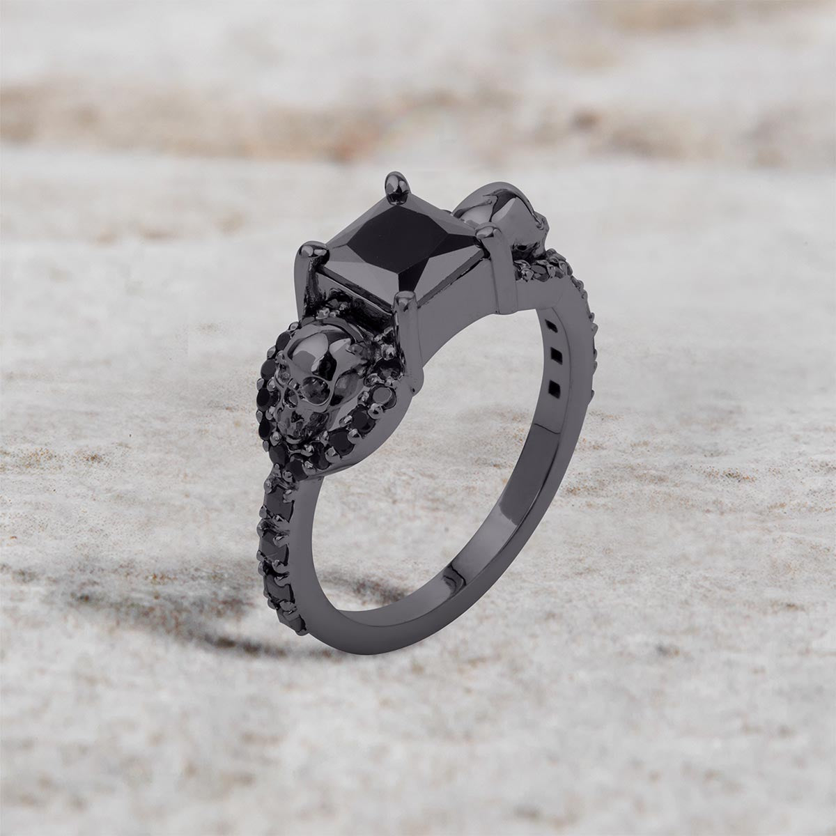 Black Spinel Skull Engagement Ring 925 Sterling Silver Gun Metal