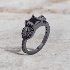 Black Spinel Skull Engagement Ring 925 Sterling Silver Gun Metal