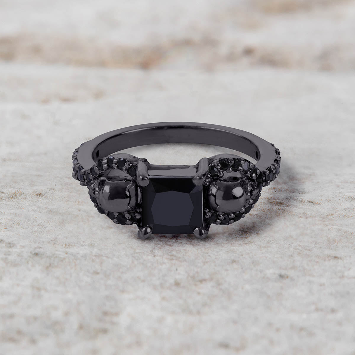 Black Spinel Skull Engagement Ring 925 Sterling Silver Gun Metal