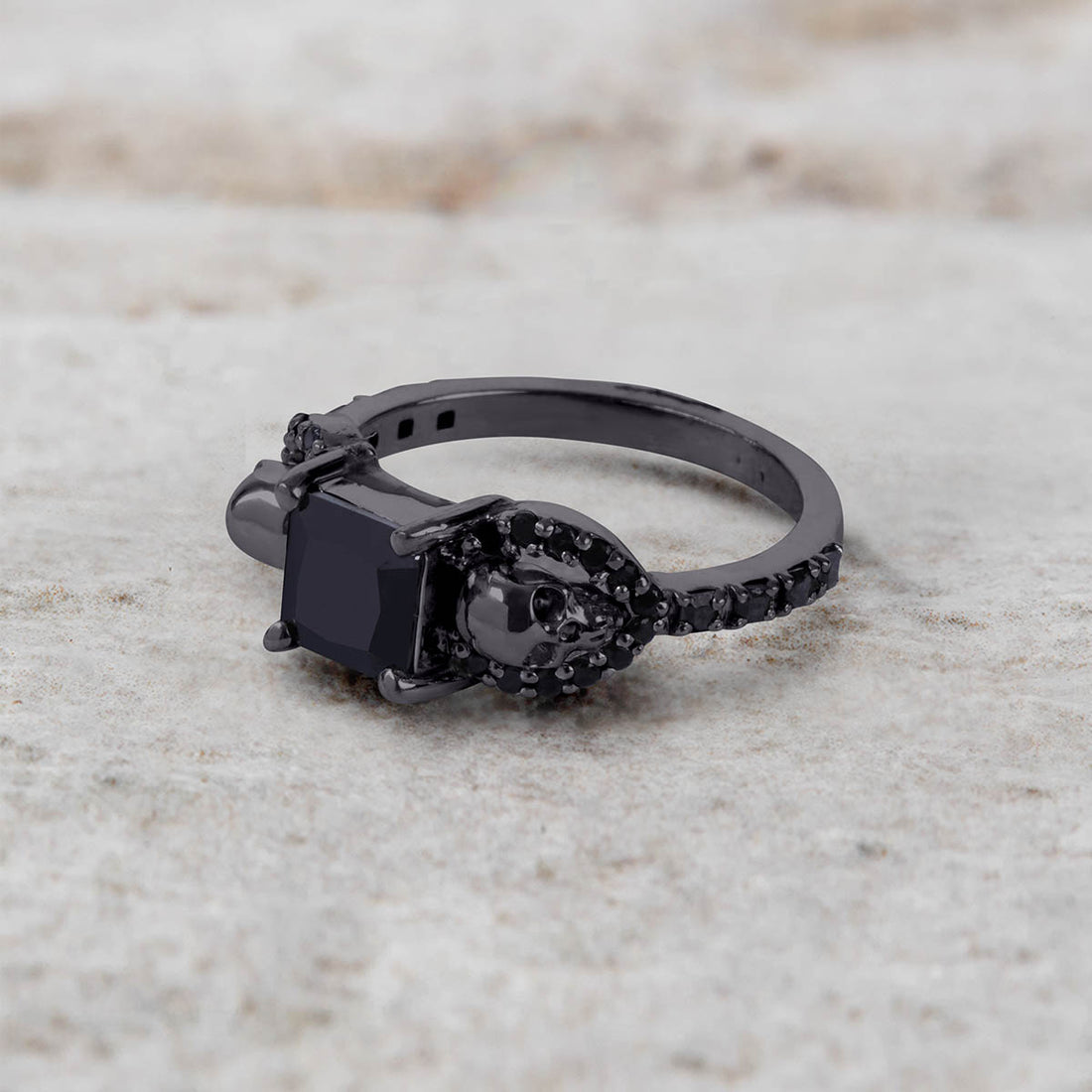 Black Spinel Skull Engagement Ring 925 Sterling Silver Gun Metal