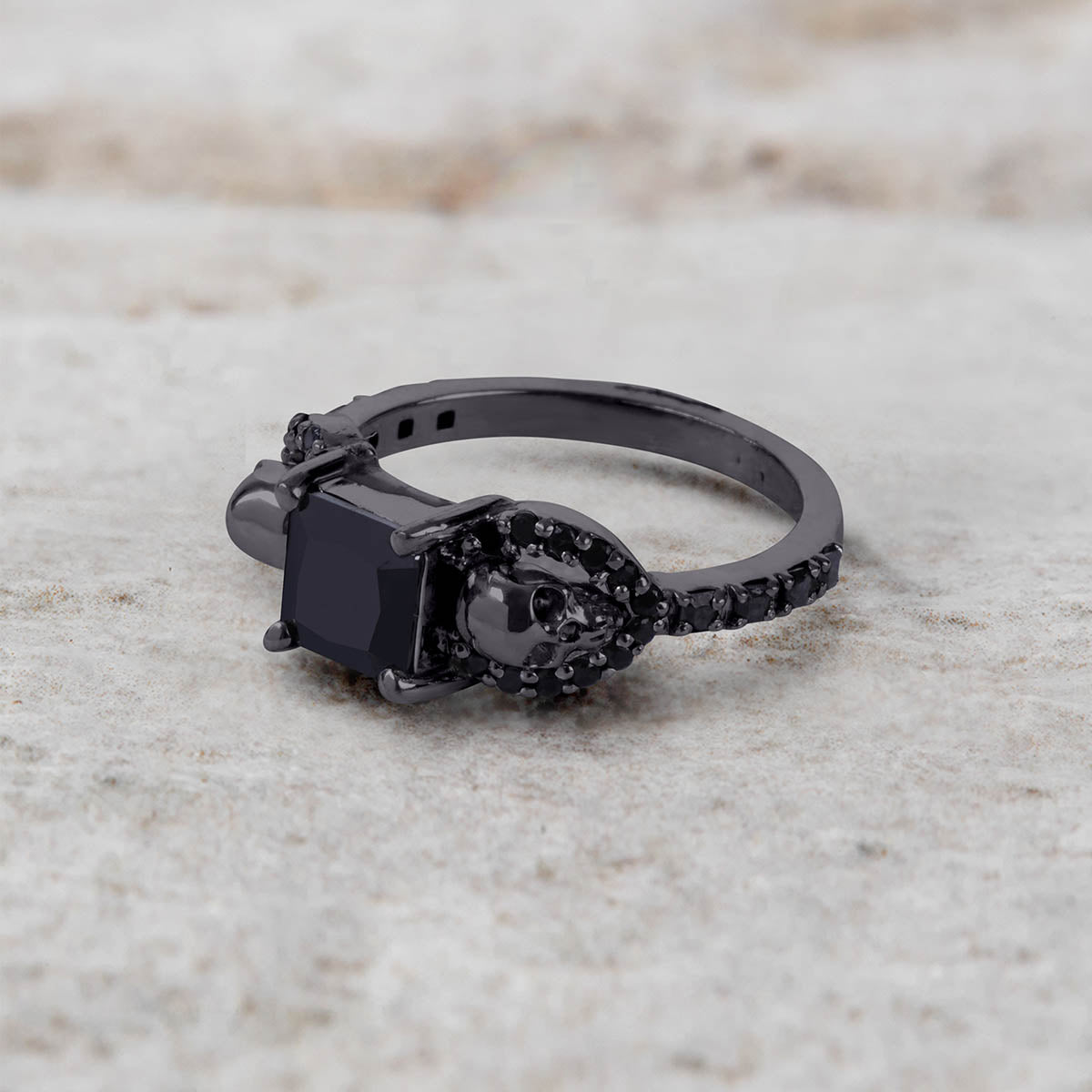 Black Spinel Skull Engagement Ring 925 Sterling Silver Gun Metal