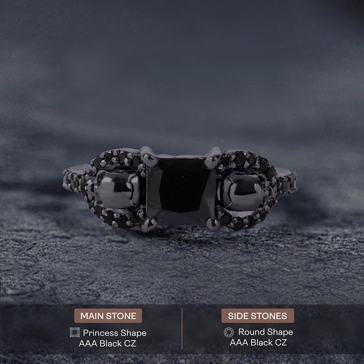 Black Spinel Skull Engagement Ring 925 Sterling Silver Gun Metal