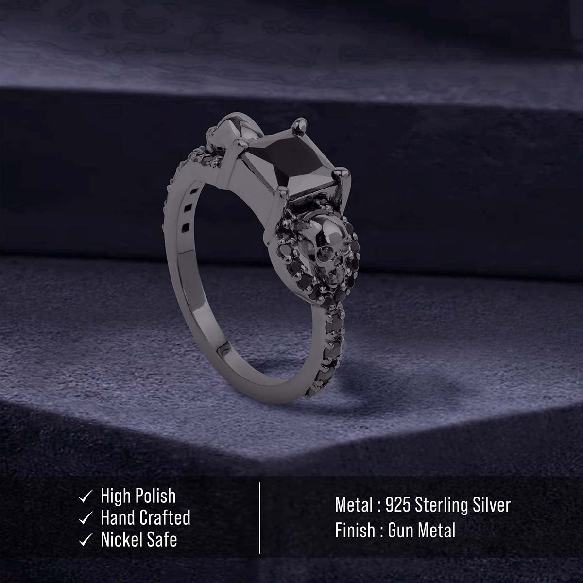 Black Spinel Skull Engagement Ring 925 Sterling Silver Gun Metal