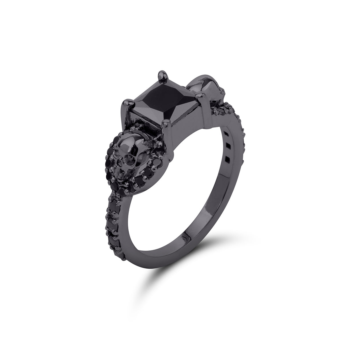 Black skull engagement ring with princess cut onyx gemstones set in gun metal finished sterling silver