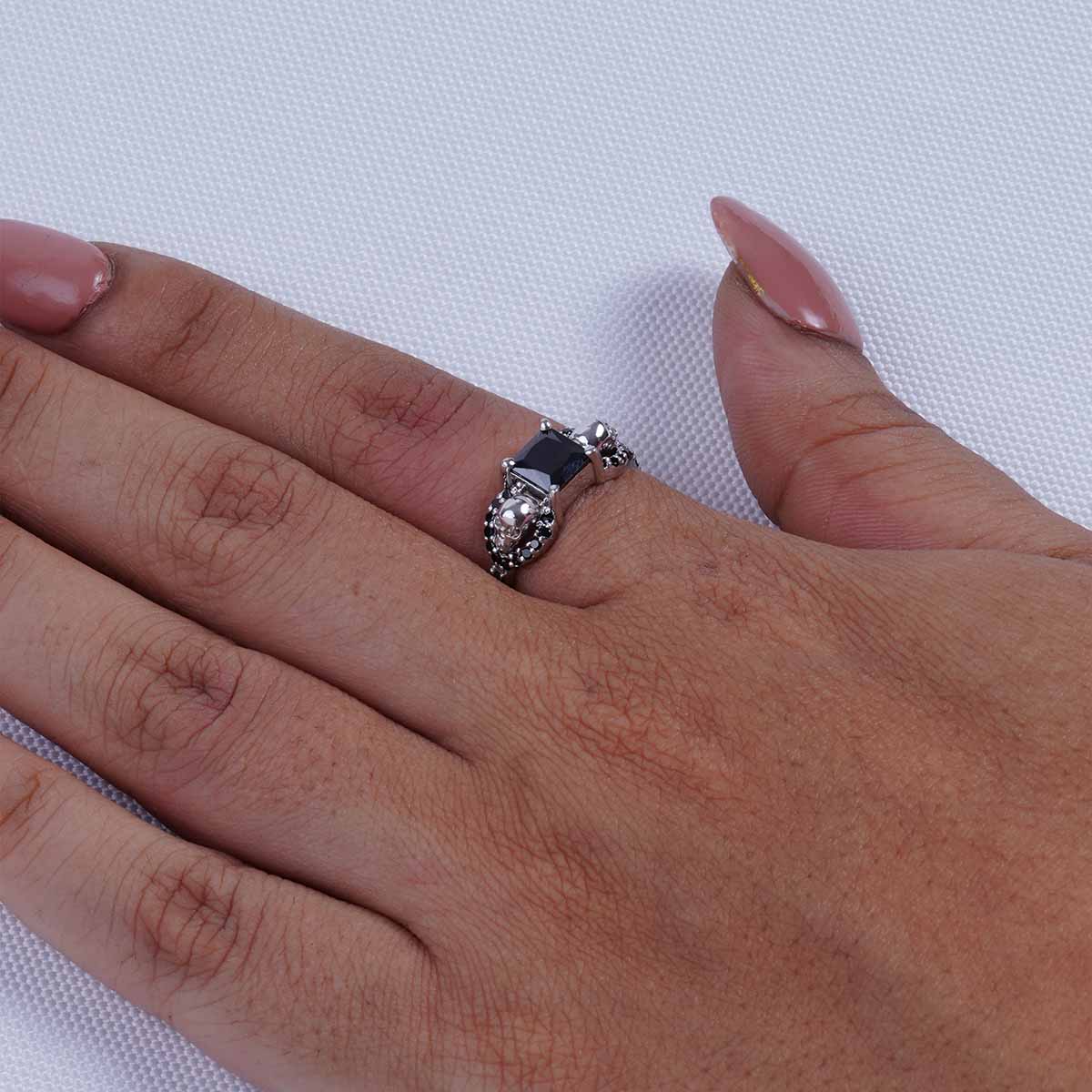 Black Spinel Skull Engagement Ring 925 Sterling Silver Gun Metal