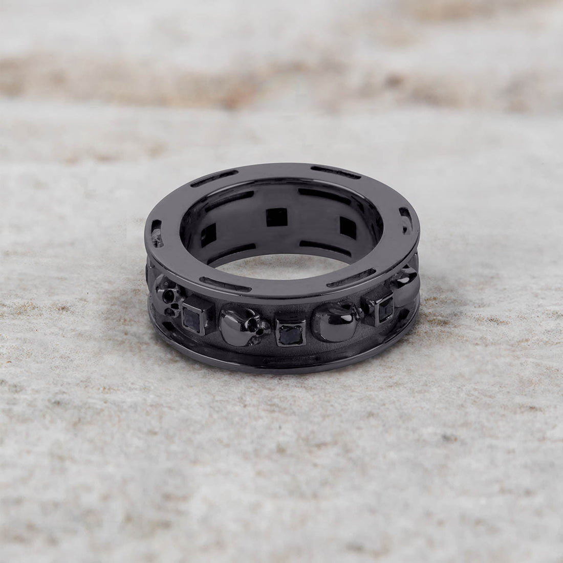 Black Moissanite Skull Wedding Band for Men Gothic Biker Jewelry