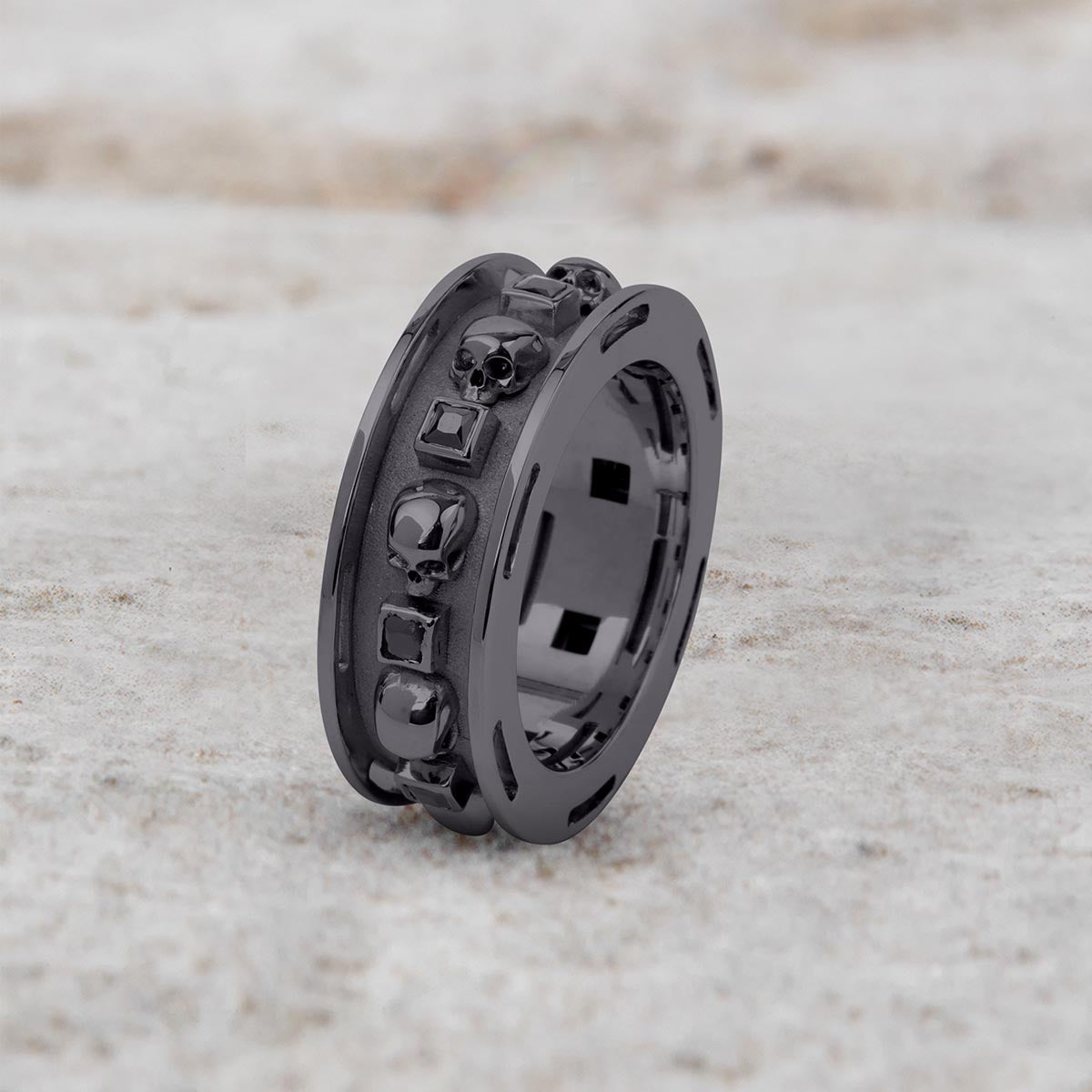 Black Moissanite Skull Wedding Band for Men Gothic Biker Jewelry