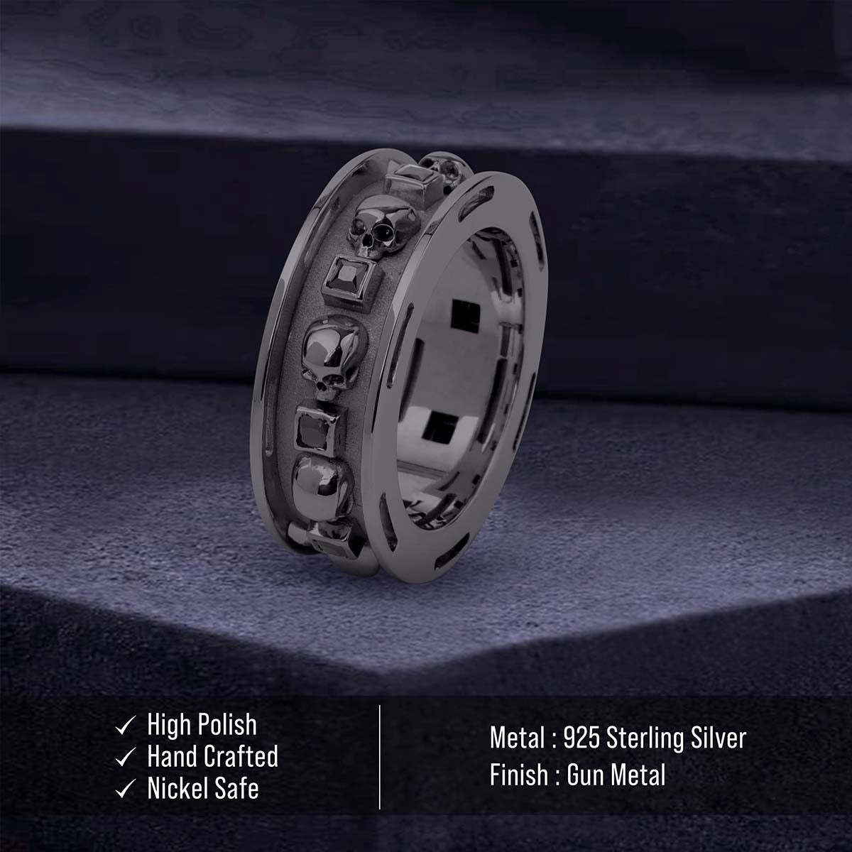 Black Moissanite Skull Wedding Band for Men Gothic Biker Jewelry