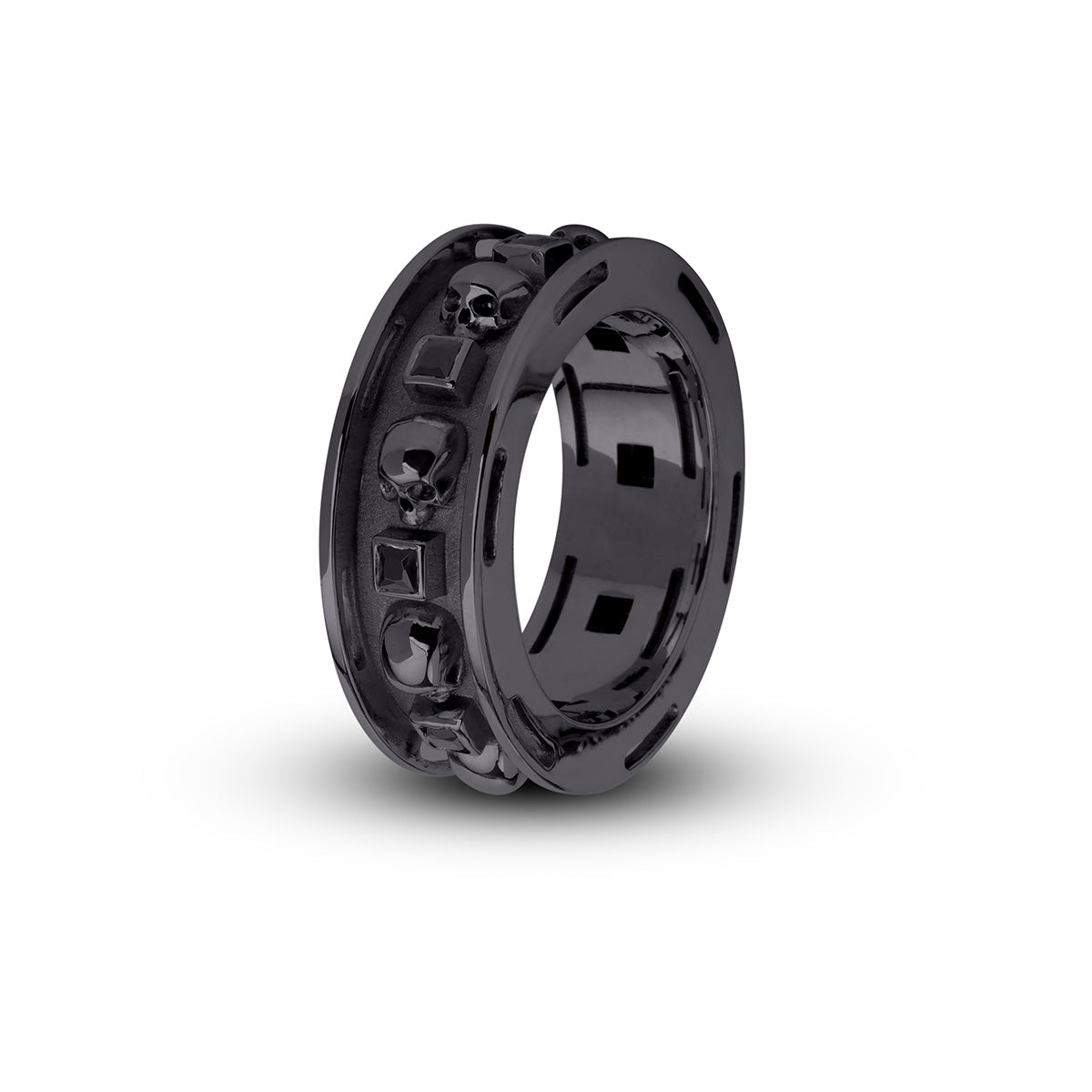 Black skull wedding band with princess cut onyx gemstones set in gun metal finished sterling silver