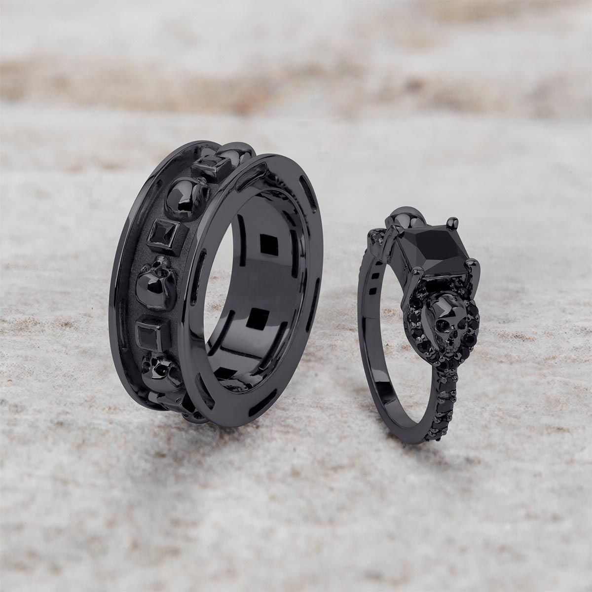 Black Spinel Skull Couple Rings Gothic Wedding Ring Set His Her