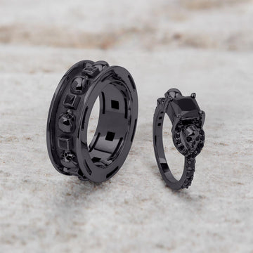 Black Spinel Skull Couple Rings Gothic Wedding Ring Set His Her