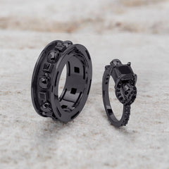 Matching Skull Engagement Ring Set Black Moissanite Gothic Couple
