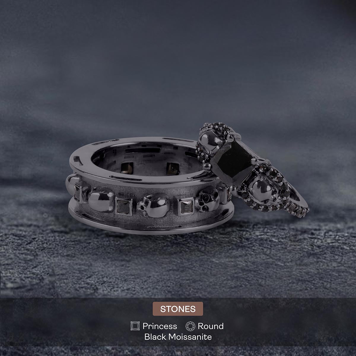 Black Spinel Skull Couple Rings Gothic Wedding Ring Set His Her