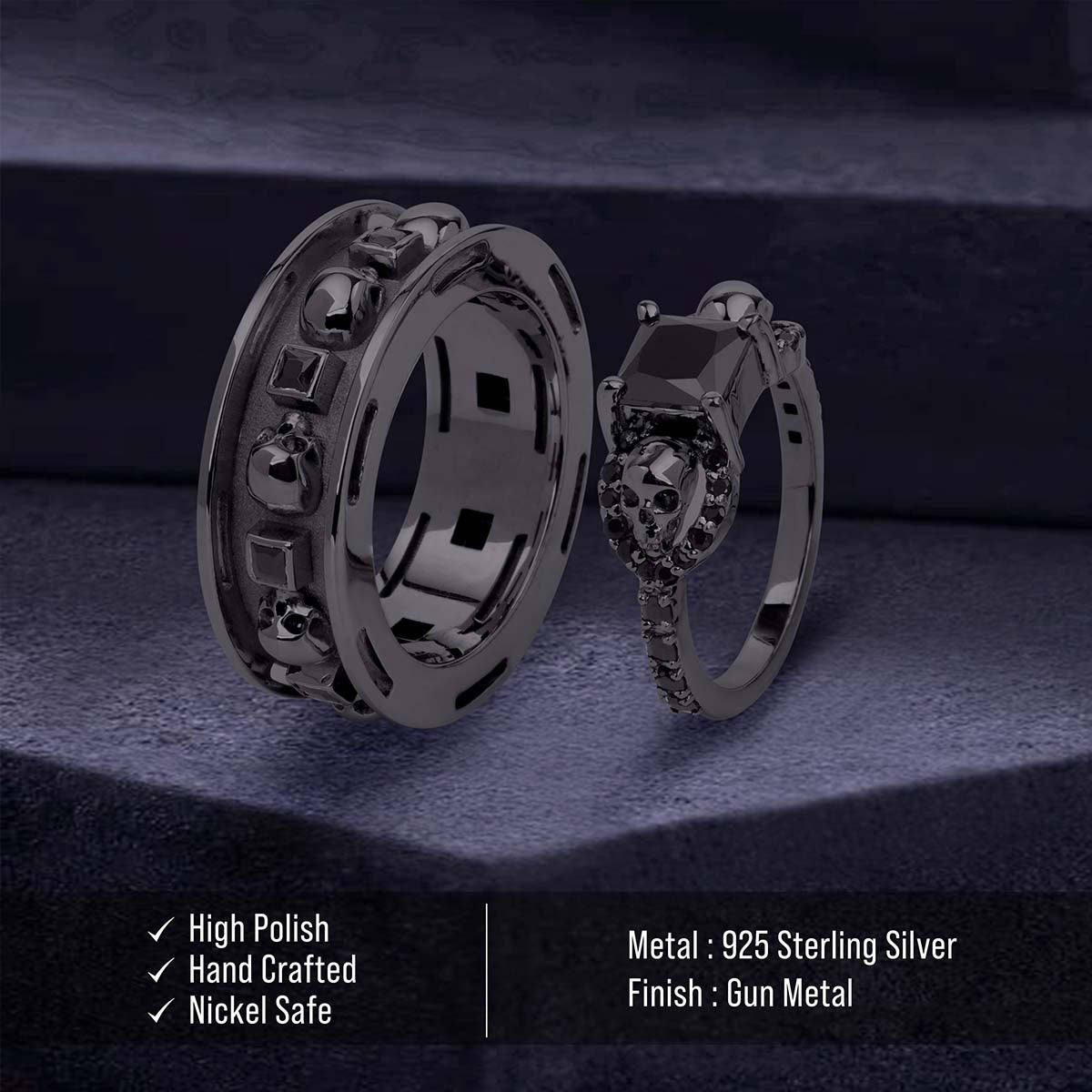 Black Spinel Skull Couple Rings Gothic Wedding Ring Set His Her