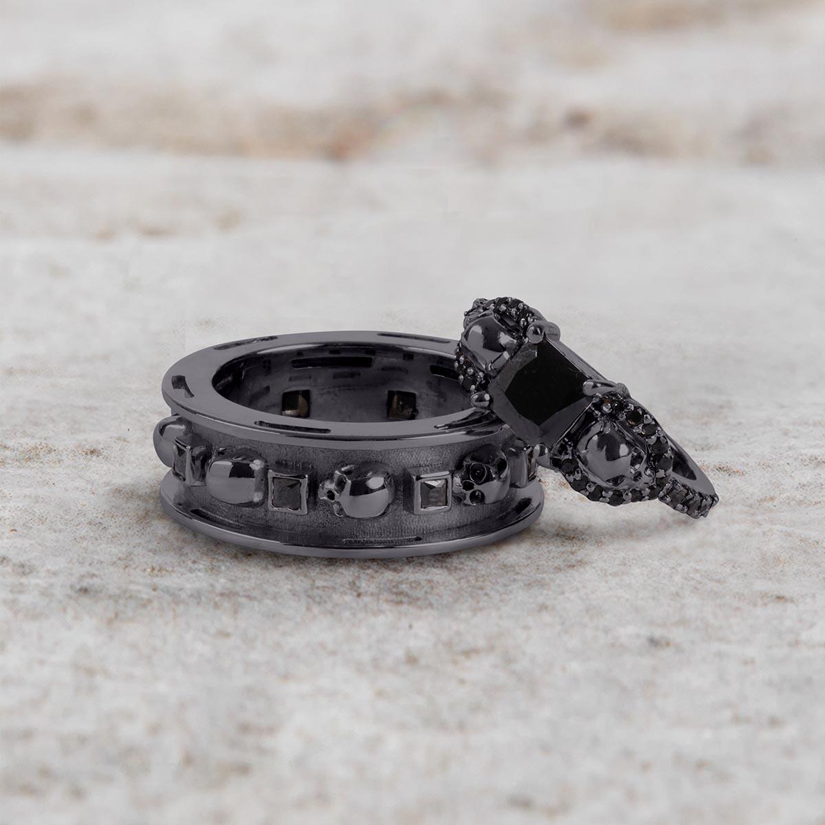 Matching Skull Engagement Ring Set Black Moissanite Gothic Couple