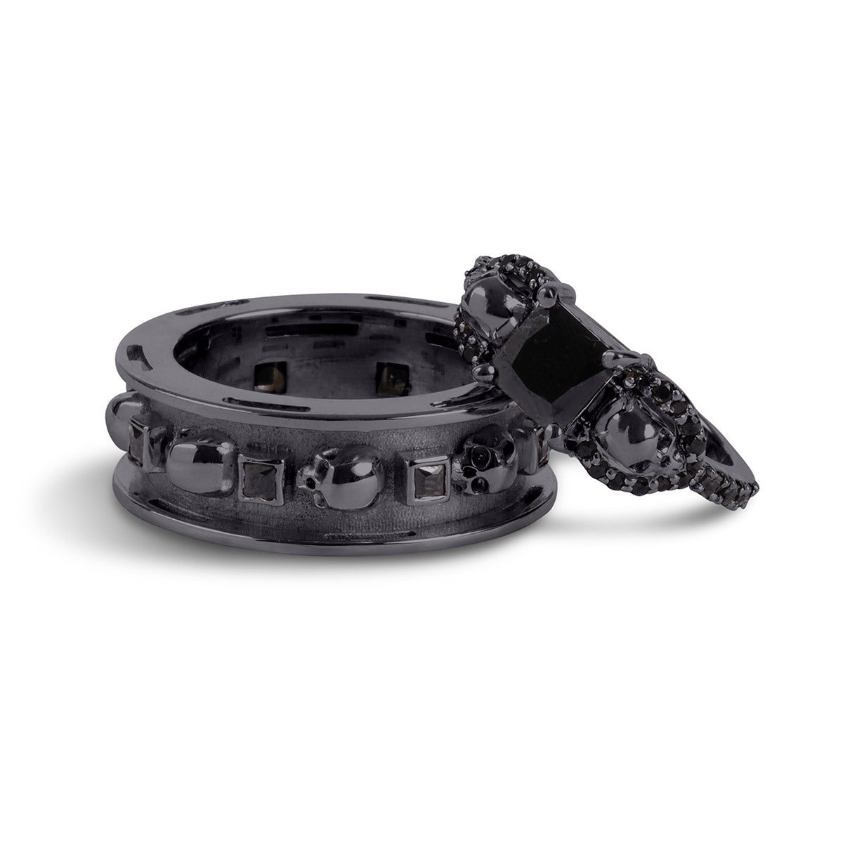 His and her matching black skull engagement wedding ring couple set with onyx gemstones set in gun metal finished sterling silver