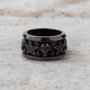 Pentagram Skull Band for Men Gothic Wedding Ring Biker Jewelry
