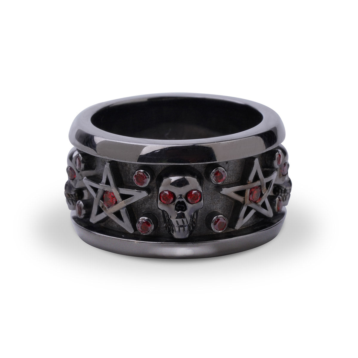Satanic skull wedding band with pentagram star design and red garnet gemstones set in gun metal finished sterling silver
