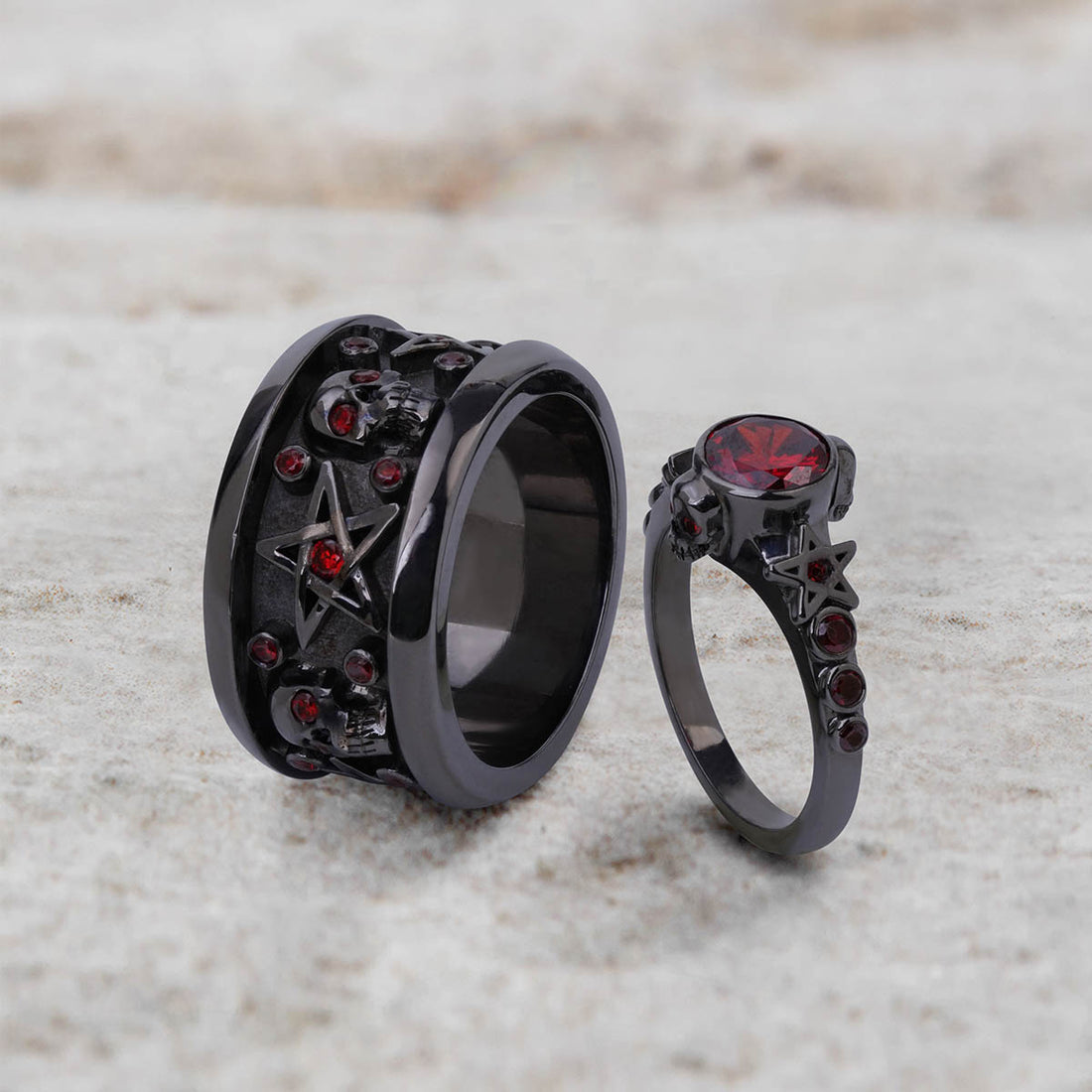 Pentagram Skull Wedding Ring Set Matching Gothic Couple Rings