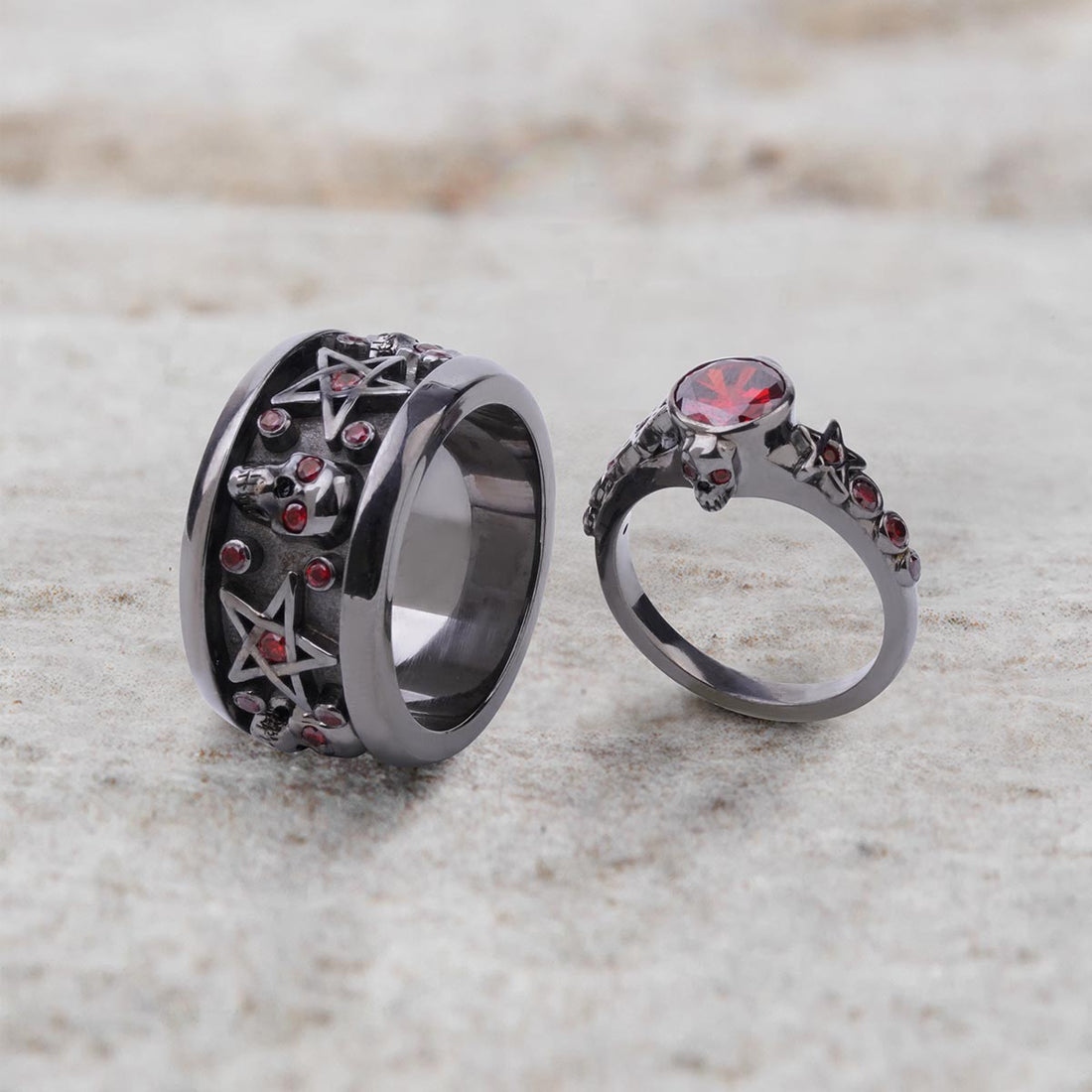Pentagram Skull Wedding Ring Set Matching Gothic Couple Rings
