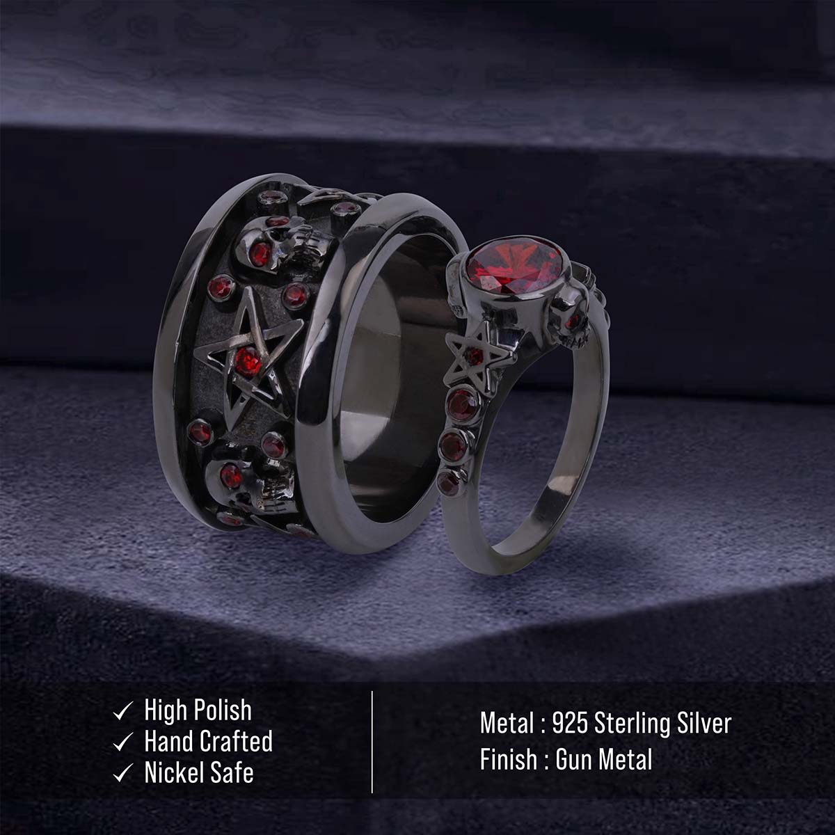 Pentagram Skull Ring Set Gothic Wedding Rings for Couple Gun Metal