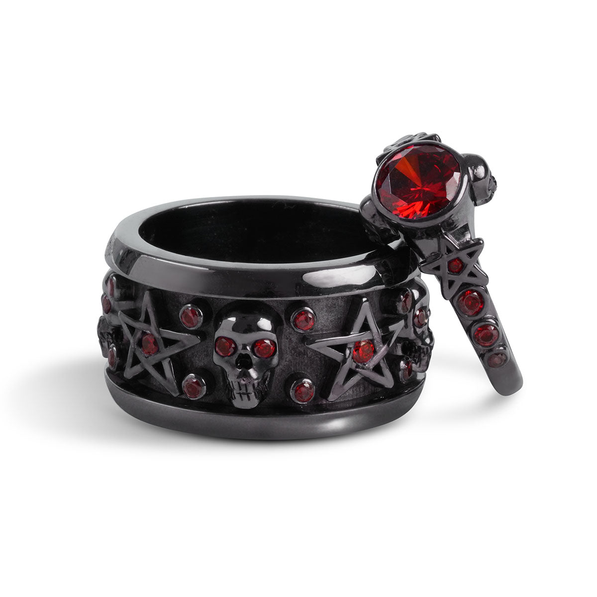 Matching black skull couple rings with pentagram design and red garnet gemstones in gun metal finished sterling silver