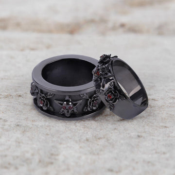 Rose Skull Wedding Bands Gothic Couple Anniversary Ring Set