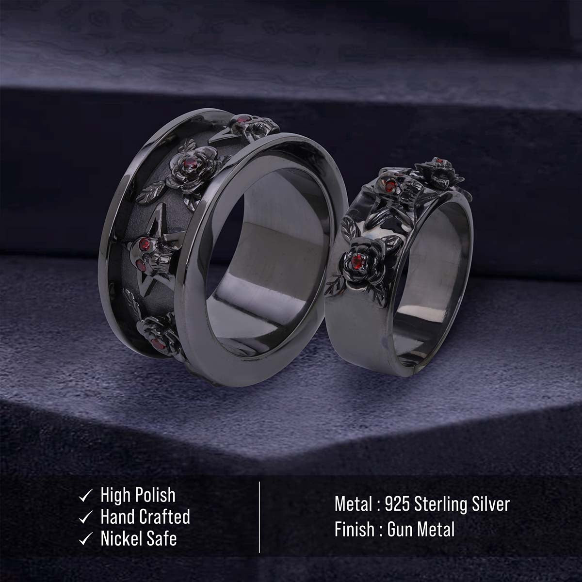 Rose Skull Wedding Ring Set His and Her Couple Promise Bands