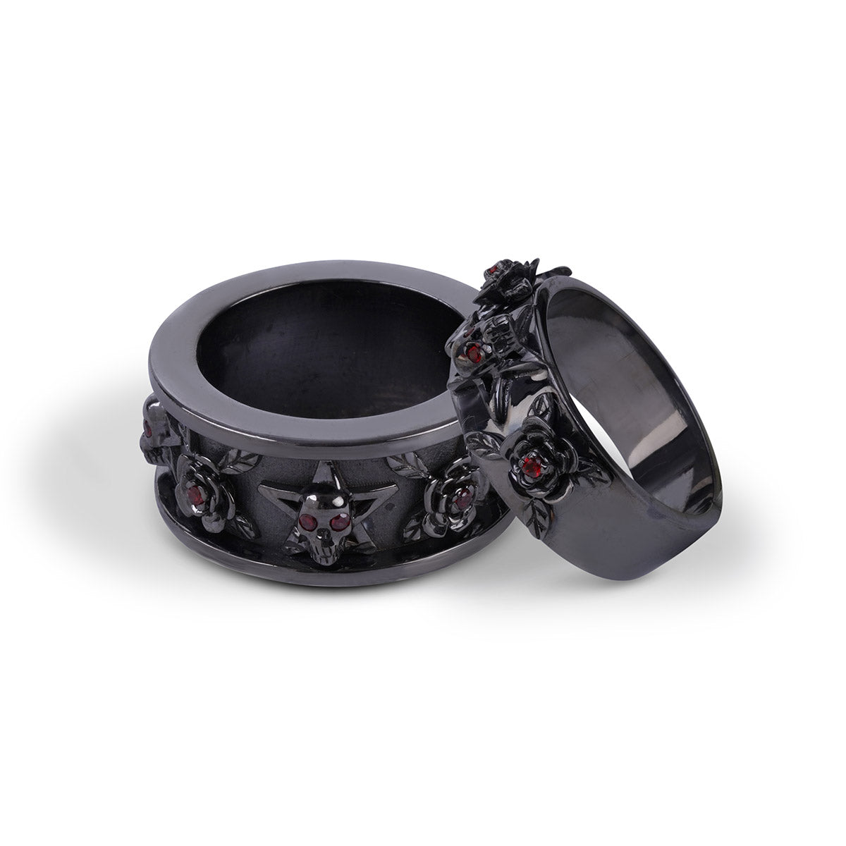 His and her matching skull wedding band set with pentagram star and rose flower design in gun metal finished sterling silver