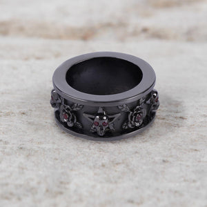 Pentagram Skull and Rose Wedding Band Gothic Ring for Men