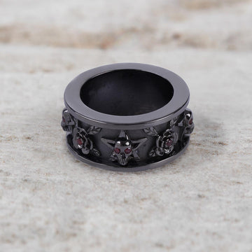 Pentagram Skull and Rose Wedding Band Gothic Ring for Men
