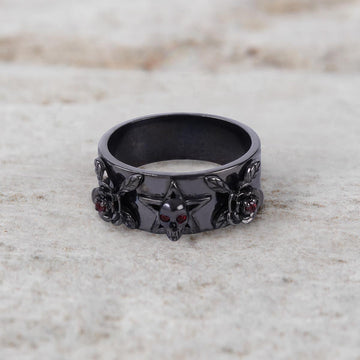 Pentagram Skull and Rose Ring Bold Gothic Wedding Band for Her