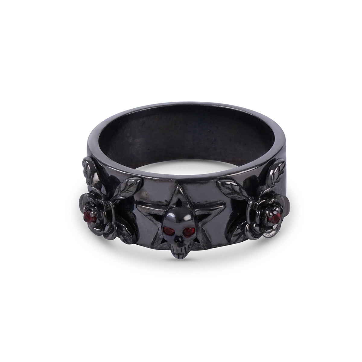 Satanic skull wedding band with pentagram and rose flower crafted in gun metal finished sterling silver