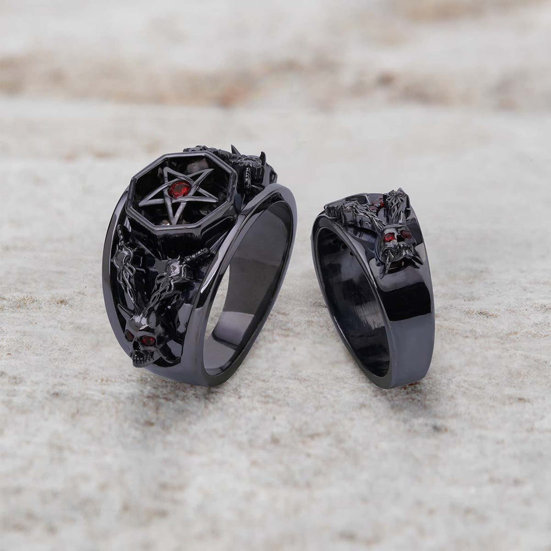 Pentagram Skull Wedding Rings Satanic Couple Engagement Ring Set