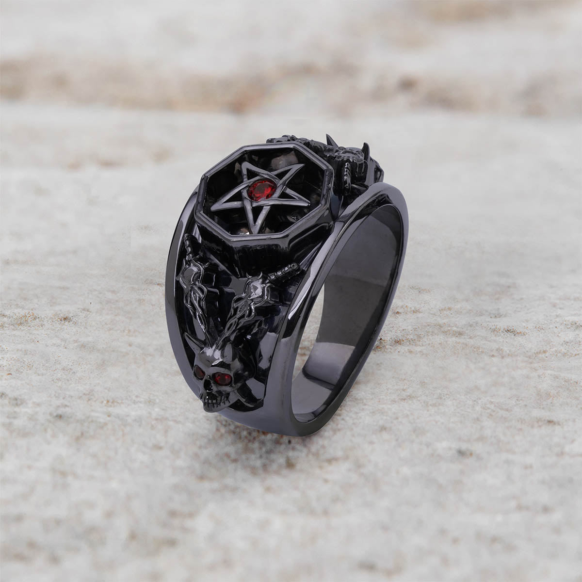 Pentagram skull ring with devil horn red eyes gothic satanic jewelry